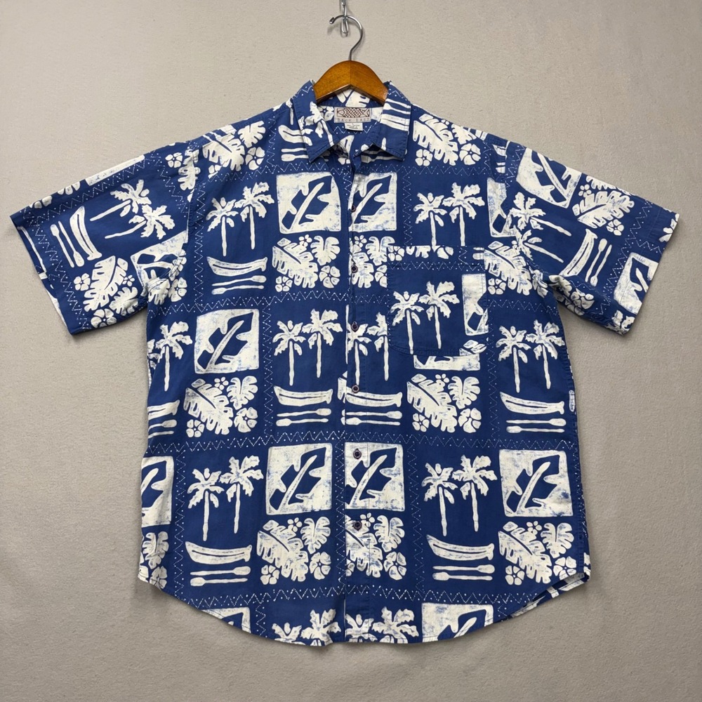 Back East Shirt Mens Large Blue Tropical Palm Tree Cotton Vintage 90s Button Up
